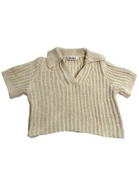 VENROY Crochet Cropped Polo in Off White
